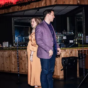 Guests posing at the 360 photo booth during a corporate event at Imagen Venues in Houston