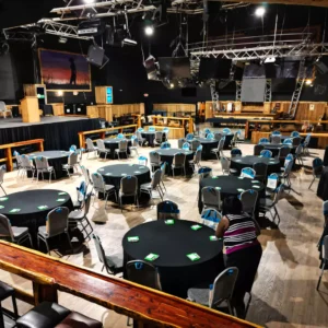 Round table corporate event setup at Stampede Event Center in Houston